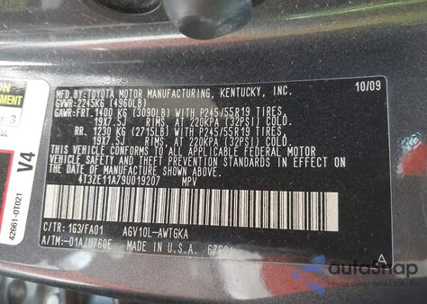 2009 Toyota Venza z USA, uszkodzony, nr VIN 4T3ZE11A79U019207